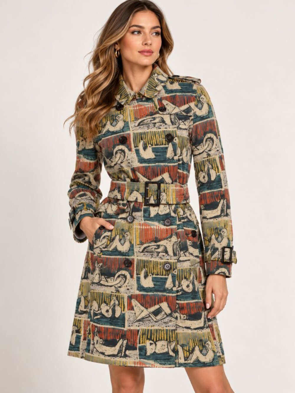 NWT - Burberry Graphic Print Belted Trench Coat Multicolor Size L